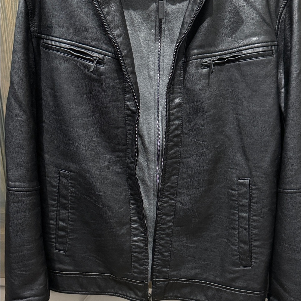 Men's Black Faux Leather Jacket with gray Hoodie medium Perry Ellis zip up - Picture 3 of 5